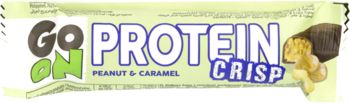 Go On Protein Crisp peanut & caramel bar, light green wrapper, front view, with chocolate & filling image.