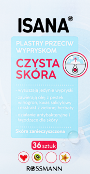 Isana Plastry Przeciw Wypryskom, 36 sztuk. Z kwasem salicylowym, zieloną herbatą i olejem winogronowym. Widok z przodu.