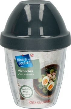 Flink&Sauber Mixbecher Rossmann, przezroczysty shaker z ciemną pokrywką, także do spieniania mleka, z przodu.