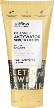 Beżowa tubka so!flow Pielęgnujący Aktywator Skrętu Loków o zapachu melona z aloesem, widok z przodu.