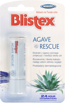 Blistex Agave Rescue balsam do ust w blistrze, białe opakowanie z czerwonym logo i grafiką agawy, widok z przodu.