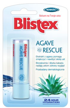 Blistex Agave Rescue balsam do ust w jasnoniebieskim sztyfcie, w blistrze, z agawą dla 24h nawilżenia.