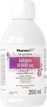 PharmoVit Kolagen 10 000 mg, biała butelka suplementu w płynie, widok z przodu, różowa etykieta, 250 ml.