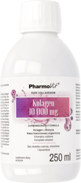 PharmoVit Kolagen 10 000 mg, biała butelka suplementu w płynie, widok z przodu, różowa etykieta, 250 ml.