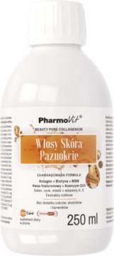 Biała butelka PharmoVit Beauty Pure Collagenium, płynny suplement na włosy, skórę, paznokcie, 250 ml, widok z przodu.