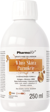 Biała butelka PharmoVit Beauty Pure Collagenium, płynny suplement na włosy, skórę, paznokcie, 250 ml, widok z przodu.