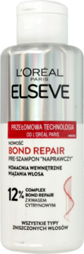 L'Oréal Elseve Bond Repair naprawczy pre-szampon z kwasem cytrynowym, biało-srebrna butelka, widok z przodu.