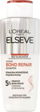 Biała butelka szamponu L'Oréal Elseve Bond Repair z kwasem cytrynowym do włosów zniszczonych, widok z przodu.