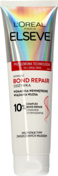 Biała tubka odżywki L'Oréal Elseve Bond Repair z irydującym górnym fragmentem, widok na wprost, do włosów zniszczonych.