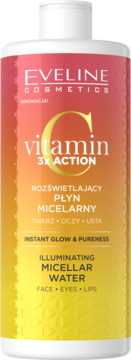 Eveline Vitamin C rozświetlający płyn micelarny, butelka z gradientem róż-pomarańcz-żółty, widok z przodu.