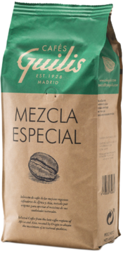 Zielono-brązowa torba kawy Cafés Guilis Mezcla Especial z ziarnem kawy, widok z przodu.