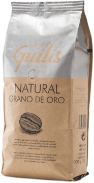 Kawa Guilis Natural Grano de Oro, brązowa torba kraft z beżowym topem i grafiką ziarna kawy, przód.