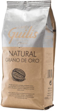 Kawa Guilis Natural Grano de Oro, brązowa torba kraft z beżowym topem i grafiką ziarna kawy, przód.