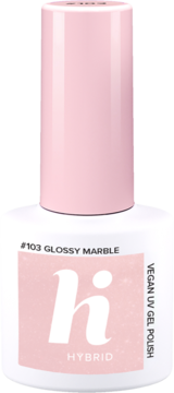 Lakier hybrydowy Hi Hybrid #103 Glossy Marble, biała butelka z różową nakrętką, napis Vegan UV Gel Polish.