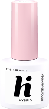 Lakier hybrydowy hi hybrid #114 Pure White, butelka z wegańskim białym lakierem i różową nakrętką.