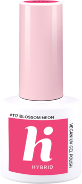 Biała butelka lakieru hi hybrid #117 Neon Blossom. Wegański, neonowy koralowo-różowy lakier hybrydowy UV, widok z przodu.