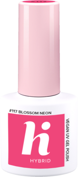 Biała butelka lakieru hi hybrid #117 Neon Blossom. Wegański, neonowy koralowo-różowy lakier hybrydowy UV, widok z przodu.