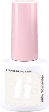 Biała butelka lakieru hi hybrid #130 Blinking Star, z różową nakrętką, mleczny UV GEL z brokatem.