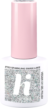 Biały wegański lakier hi hybrid #133 Sparkling Swan Lake z różową nakrętką, brokatową etykietą, widok z przodu.