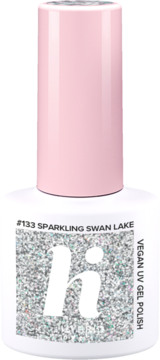 Biały wegański lakier hi hybrid #133 Sparkling Swan Lake z różową nakrętką, brokatową etykietą, widok z przodu.
