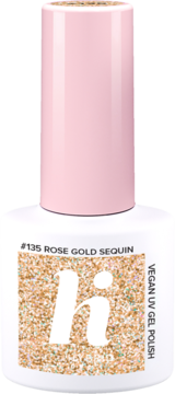 Biała buteleczka wegańskiego lakieru hi hybrid #135 Rose Gold Sequin z różowo-złotym brokatem, widok z przodu.