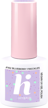 Wegański lakier hi hybrid #142 Blueberry Freckles, fioletowy z piegami, biała butelka, różowa nakrętka.