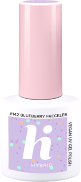 Wegański lakier hi hybrid #142 Blueberry Freckles, fioletowy z piegami, biała butelka, różowa nakrętka.