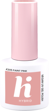 Hi hybrid #205 Faint Pink vegan UV gel polish, cylindrical white bottle with light pink cap, front view.