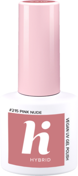 Lakier hybrydowy Hi Hybrid #215 Pink Nude, beżowo-różowy, w białej butelce z różową nakrętką.