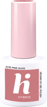 Lakier hybrydowy Hi Hybrid #215 Pink Nude, beżowo-różowy, w białej butelce z różową nakrętką.