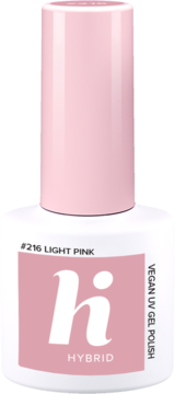 Lakier hybrydowy hi hybrid #216 Light Pink w białej butelce z różowym kapkiem i etykietą. Widok z przodu.