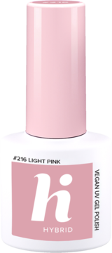 Lakier hybrydowy hi hybrid #216 Light Pink w białej butelce z różowym kapkiem i etykietą. Widok z przodu.