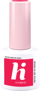 Biała butelka wegańskiego lakieru hi hybrid #233 Neon Red, jaskrawoczerwona etykieta, widok z przodu.
