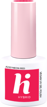 Biała butelka wegańskiego lakieru hi hybrid #233 Neon Red, jaskrawoczerwona etykieta, widok z przodu.