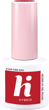 Biały lakier hi hybrid #244 Fire Red, vegan UV gel polish, z czerwoną etykietą i różową nakrętką, widok z przodu.