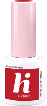 Biały lakier hi hybrid #244 Fire Red, vegan UV gel polish, z czerwoną etykietą i różową nakrętką, widok z przodu.