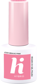 Lakier hybrydowy Hi Hybrid #251 Brave Pink. Biała butelka z różową nakrętką, widok z przodu, wegański UV gel.