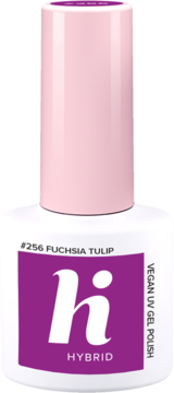 Lakier hybrydowy hi hybrid #256 Fuchsia Tulip w białej butelce z różową nakrętką, widok z przodu.