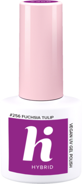 Lakier hybrydowy hi hybrid #256 Fuchsia Tulip w białej butelce z różową nakrętką, widok z przodu.