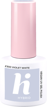 Butelka lakieru hybrydowego hi hybrid #300 Violet White, wegański UV gel w mlecznym fiolecie, z różową nakrętką.
