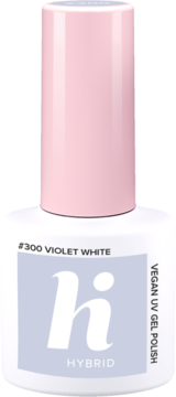 Butelka lakieru hybrydowego hi hybrid #300 Violet White, wegański UV gel w mlecznym fiolecie, z różową nakrętką.