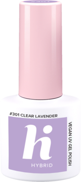 Wegański lakier hi hybrid #301 Clear Lavender w białej butelce z różową nakrętką, widok z przodu.