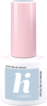 Wegański lakier hybrydowy hi hybrid #317 Blue White, biała butelka z różową nakrętką, widok z przodu.