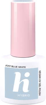 Wegański lakier hybrydowy hi hybrid #317 Blue White, biała butelka z różową nakrętką, widok z przodu.