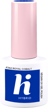 hi hybrid lakier hybrydowy #342 Royal Cobalt, biała butelka z różową nakrętką i niebieską etykietą.