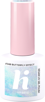 Wegański lakier hybrydowy hi hybrid #348 Butterfly Effect, biała butelka z różową nakrętką, widok z przodu.