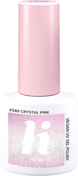 Wegański lakier hi hybrid #349 Crystal Pink w białej butelce z różową nakrętką, z brokatowym efektem.