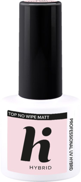 Hi hybrid Top No Wipe Matt, lakier hybrydowy, biała butelka z różową etykietą i czarną nakrętką, widok z przodu.