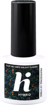 Biała butelka Hi Hybrid Top No Wipe Galaxy Flakes, transparentny top do hybrydy z multikolorowym brokatem, widok z przodu.