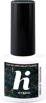 Biała butelka Hi Hybrid Top No Wipe Galaxy Flakes, transparentny top do hybrydy z multikolorowym brokatem, widok z przodu.